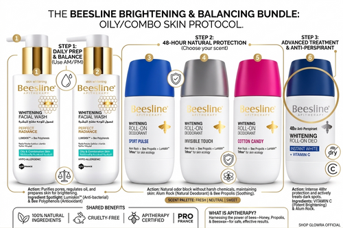 Detailed clinical benefits of the Beesline natural deodorant and cleanser routine, highlighting chemical-free underarm whitening, natural active ingredients, and fast 5-day USA delivery via Glowra.
