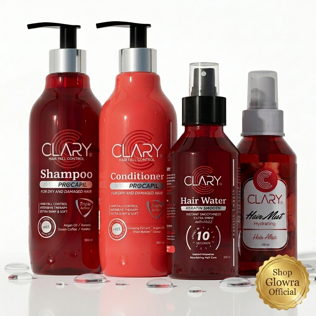 The complete Clary Glass Hair & Scent Ritual by Glowra, featuring Clary Hair Fall Control Shampoo, Conditioner, Keratin Hair Water, and Hair Affair Mist shipped from Egypt to the US.