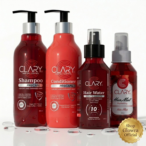 The complete Clary Glass Hair & Scent Ritual by Glowra, featuring Clary Hair Fall Control Shampoo, Conditioner, Keratin Hair Water, and Hair Affair Mist shipped from Egypt to the US.