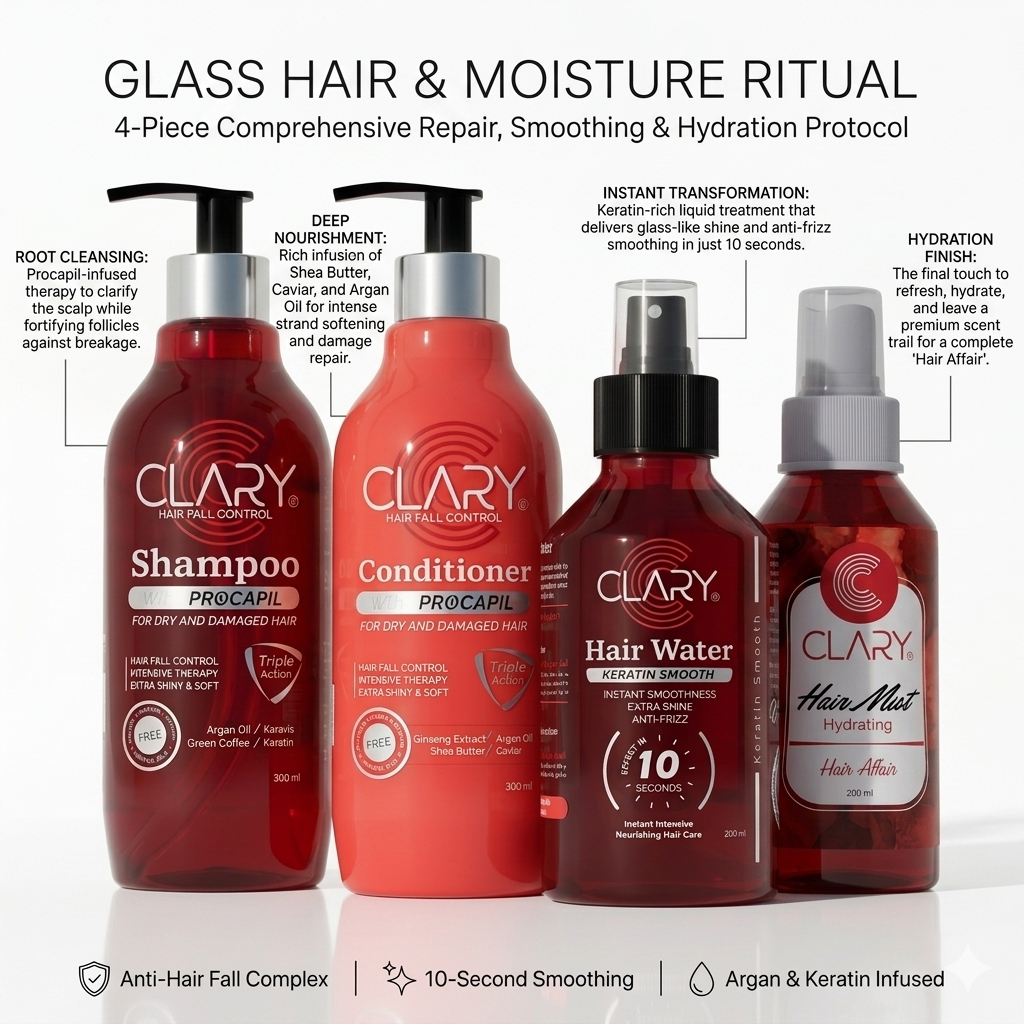 Detailed clinical benefits of the Clary hair care routine, highlighting keratin smoothing, Procapil hair fall control, luxury ingredients like caviar, and fast 5-day USA delivery via Glowra.