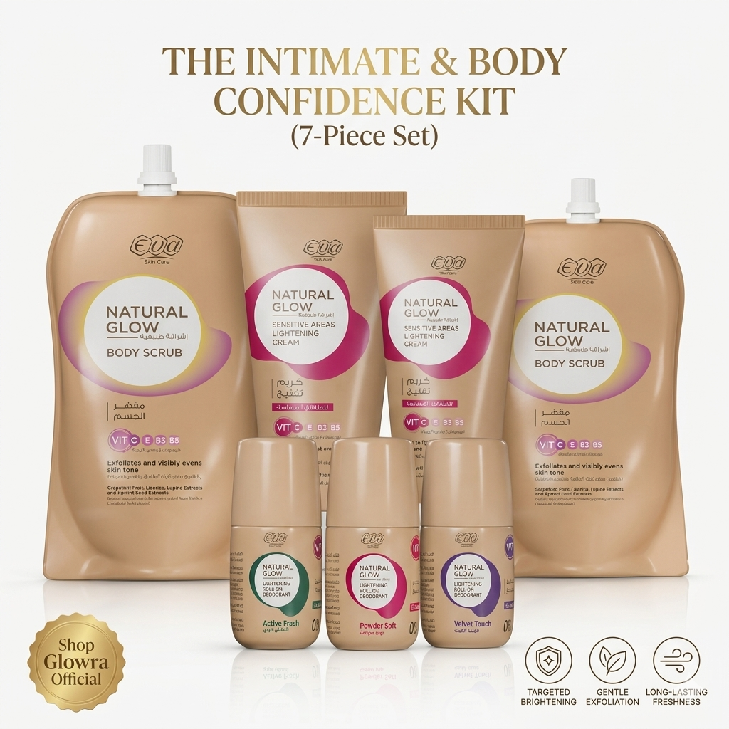 The complete Eva Cosmetics Natural Glow Body and Intimate Kit by Glowra, featuring Eva sensitive area lightening creams, body scrubs, and aluminum-free roll-on deodorants shipped from Egypt to the US.
