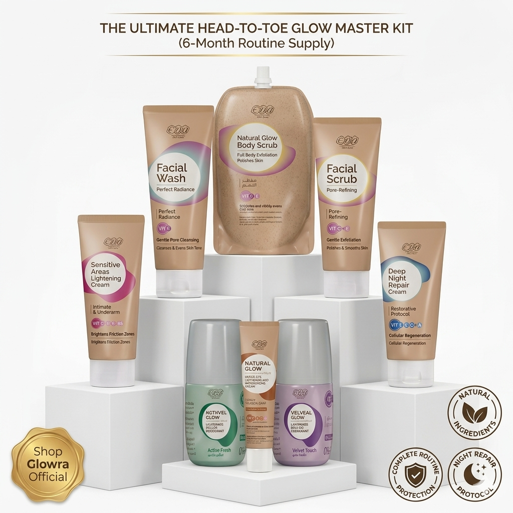 Eva Natural Glow Ultimate Head-to-Toe Master Kit featuring facial wash, facial scrub, body scrub, night cream, under-eye cream, sensitive area cream, and aluminum-free deodorants. Authentic Egyptian skincare shipped from Egypt to the USA.