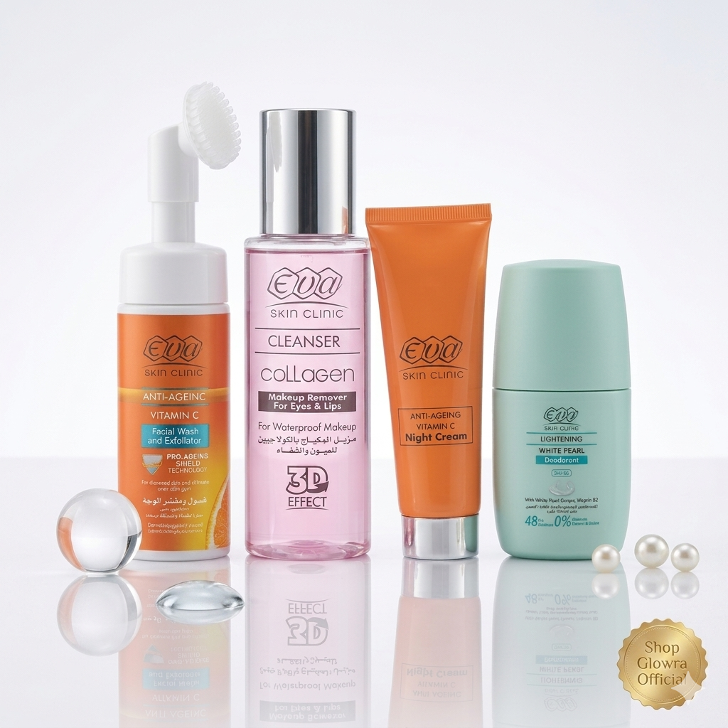 The Complete Eva Skin Clinic Radiance Bundle featuring Eva Skin Clinic Collagen Makeup Remover, Vitamin C Facial Wash & Exfoliator, Vitamin C Night Cream, and White Pearl Roll-On Deodorant. Authentic Egyptian skincare delivered to the USA by Glowra.