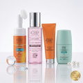 The Complete Eva Skin Clinic Radiance Bundle featuring Eva Skin Clinic Collagen Makeup Remover, Vitamin C Facial Wash & Exfoliator, Vitamin C Night Cream, and White Pearl Roll-On Deodorant. Authentic Egyptian skincare delivered to the USA by Glowra.