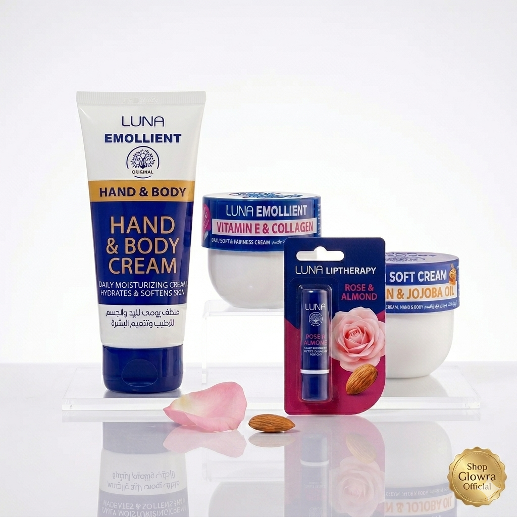 The complete Luna Emollient Hydration Kit by Glowra, featuring the Vitamin E Collagen cream, Soft Cream, Body Cream, and Rose Liptherapy
