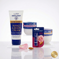The complete Luna Emollient Hydration Kit by Glowra, featuring the Vitamin E Collagen cream, Soft Cream, Body Cream, and Rose Liptherapy