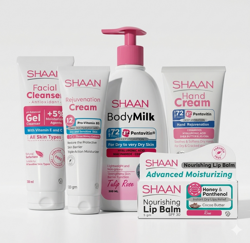 Shaan Floral Radiance Kit featuring facial cleanser, Tulip Rose body milk, rejuvenation cream, hand cream, and nourishing lip balm. Authentic Egyptian skincare and body care products shipped from Egypt to the USA.