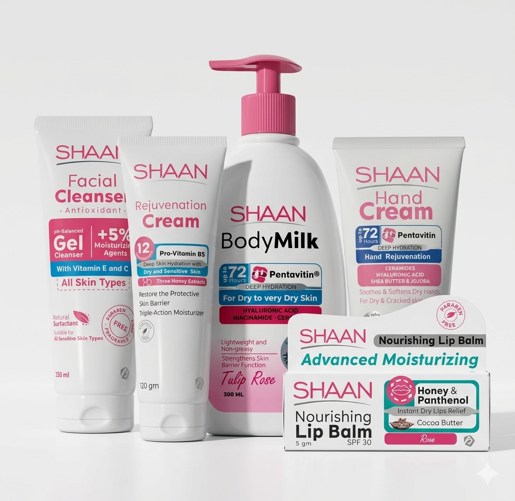Shaan Floral Radiance Kit featuring facial cleanser, Tulip Rose body milk, rejuvenation cream, hand cream, and nourishing lip balm. Authentic Egyptian skincare and body care products shipped from Egypt to the USA.