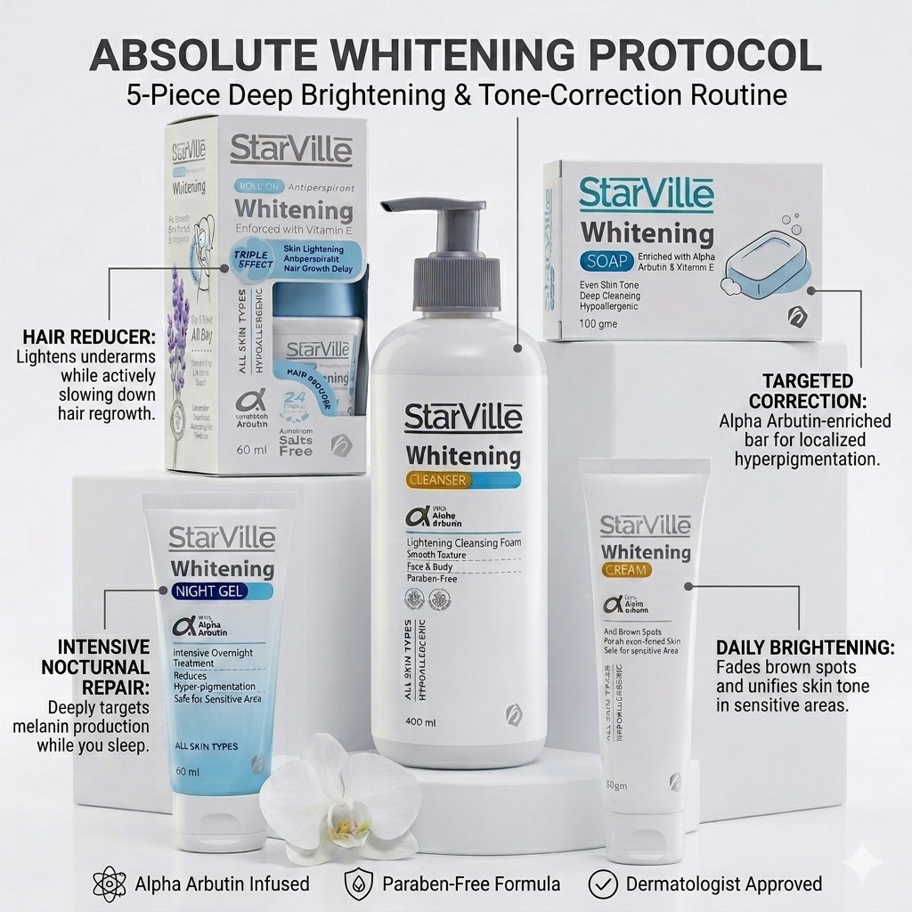 Detailed clinical benefits of the StarVille Absolute Whitening bundle, highlighting Alpha Arbutin, Kojic Acid, hyperpigmentation correction, and fast 5-day USA delivery via Glowra.