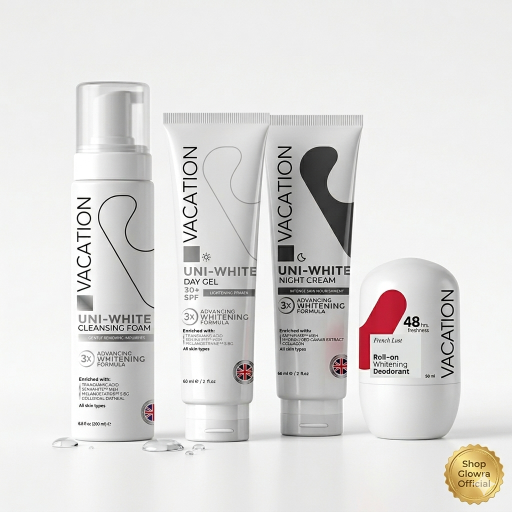 The complete Vacation Luminous 24/7 Brightening Protocol by Glowra, featuring Vacation Uni-White Cleansing Foam, Day Gel, Night Cream, and French Lust Roll-On shipped from Egypt to the US.