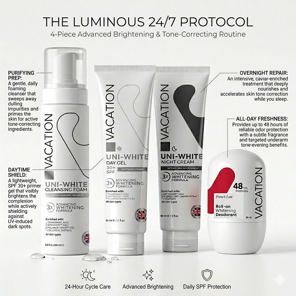 Detailed clinical benefits of the Vacation brightening skincare bundle, highlighting Tranexamic Acid, Caviar Extract, SPF 30 defense, and fast 5-day USA delivery via Glowra.